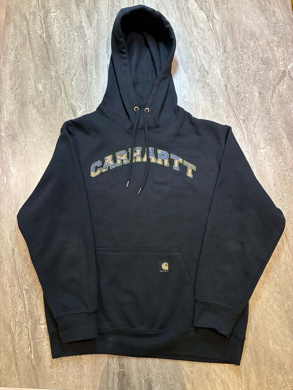 Carhartt Relaxed Fit Black Pullover Hoodie with Camo Logo Size M